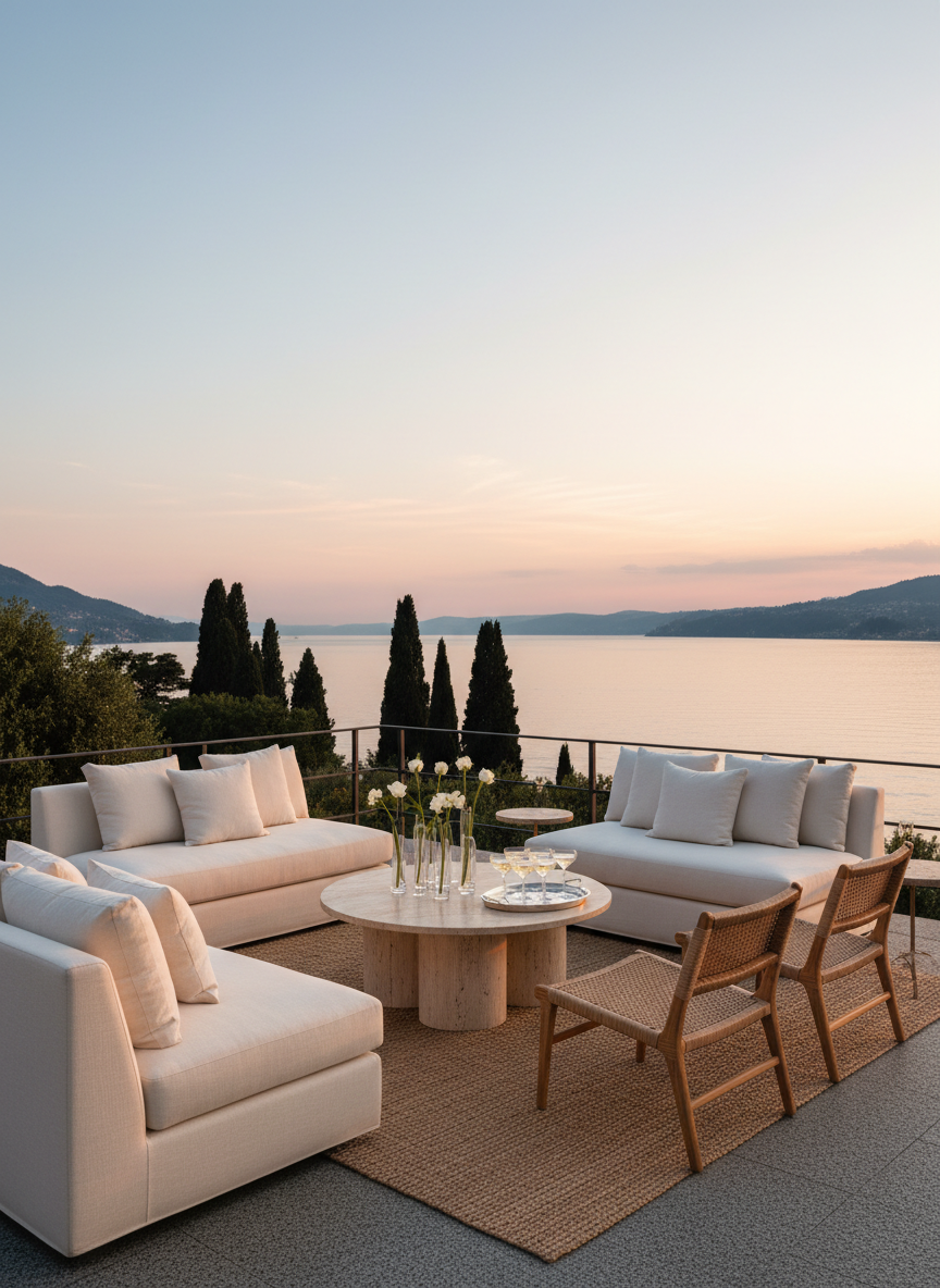 A serene lakeside lounge vignette designed for a Lake Como wedding cocktail hour, featuring a curated mix of low, cream linen sofas with plush cushions, a round travertine coffee table, and two rattan accent chairs arranged on a natural jute rug atop a stone terrace. On the table, a cluster of minimalist glass vases with single-stem white blooms and a tray of sparkling drinks in crystal coupes subtly catch the fading evening light. Behind, Lake Como’s surface reflects the pastel sky and dark silhouettes of cypress trees. Photographic realism, shot from a three-quarter angle to capture both the seating arrangement and the expansive view. The mood is relaxed yet polished, evoking an exclusive, boutique resort aesthetic.