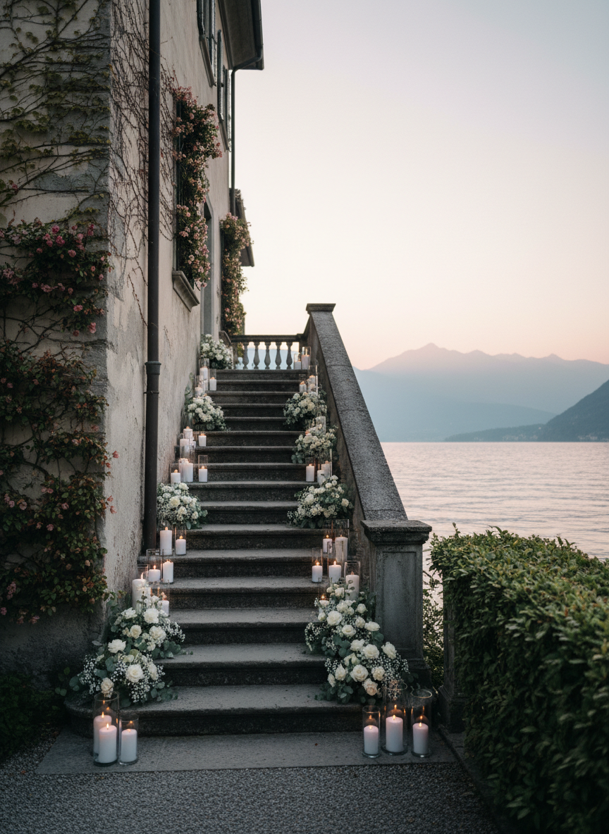 An atmospheric lakeside villa façade at dawn on Lake Como, prepared discreetly for an intimate wedding. The historic stone building with pale, weathered walls is covered in climbing ivy and soft blush bougainvillea. Along the villa steps, a minimalist installation of white pillar candles in glass cylinders and small, airy floral clusters in neutral tones hint at the celebration to come. The lake lies calm below, reflecting the first soft pink and blue hues of morning. Photographic realism, captured from a slightly low angle to emphasize the villa’s grandeur while including the water and mountains in the background. The lighting is delicate and misty, creating a quiet, anticipatory mood, sophisticated and restrained rather than overtly festive.