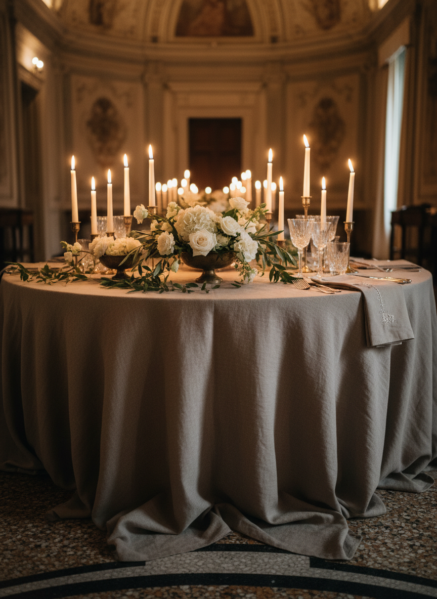 An intimate, candlelit tablescape inside a historic Lake Como villa, with frescoed ceilings faintly visible in the softly blurred background. A round table is draped in a heavy, stone-colored linen cloth that just grazes the patterned terrazzo floor. At the center, an organic arrangement of white and cream blooms, olive branches, and delicate vines flows along low antique brass vessels. Multiple heights of slender ivory taper candles create pools of warm, flickering light that reflect in crystal glassware and polished silver cutlery. Photographic realism, captured at eye level with a shallow depth of field, emphasizing the texture of the linens and florals while the rest of the room dissolves into a romantic haze. The atmosphere feels refined, intimate, and classically Italian.