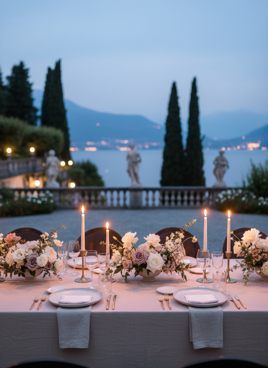 A refined reception table set on a stone terrace above Lake Como, featuring an elongated linen-draped table in muted ivory, with thin taper candles in brushed brass holders and delicate crystal stemware catching the light. Low, artfully undone floral arrangements in soft whites, blush, and dusty mauve spill from ceramic compotes, while hand-thrown ceramic plates with a subtle matte finish rest on natural linen napkins. Behind, the lake shimmers below terraced gardens and cypress trees. Captured in photographic realism at blue hour, with lingering twilight and warm candlelight mingling to create a romantic, softly glowing atmosphere. Composed using the rule of thirds, with the table in sharp focus and the lakeside panorama rendered in elegant, dreamy bokeh.