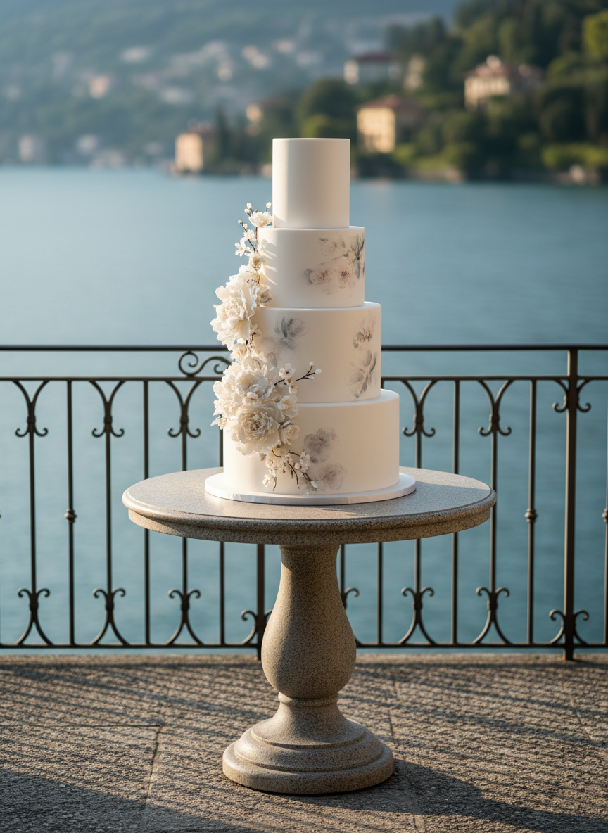 A meticulously styled cake display for an upscale Lake Como wedding, featuring a tall, minimalist white fondant cake with subtle hand-painted watercolor details in soft greys and blush, and delicate sugar flowers cascading asymmetrically down one side. The cake rests on a polished stone pedestal table on a balcony, with the lake and distant villas softly blurred beyond an ornate iron balustrade. Late afternoon sunlight creates a gentle halo around the cake’s edges and casts refined shadows on the stone floor. Photographic realism, composed in a centered yet airy frame with negative space above to emphasize height and elegance. The overall mood is modern, artistic, and sophisticated, reflecting the bespoke, boutique nature of the destination celebration.