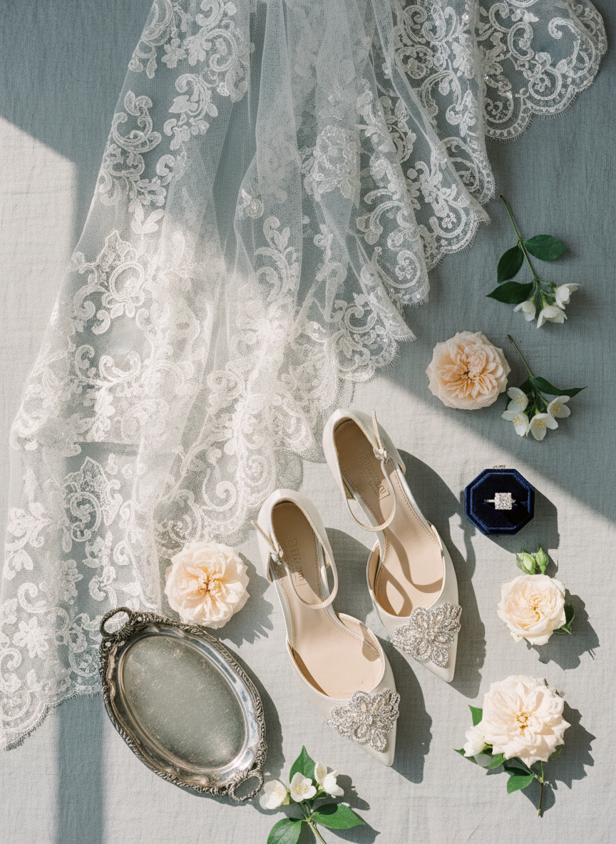 A luxurious bridal detail flatlay styled on a textured dove-grey linen backdrop, featuring an intricately beaded lace veil arranged in soft folds, a pair of silk satin heels with delicate crystal embellishments, and a small velvet ring box slightly open to reveal a luminous solitaire. Around them, sprigs of jasmine and pale garden roses are artfully scattered, alongside a vintage silver tray reflecting subtle highlights. Soft, diffused natural window light from the left creates gentle shadows and a refined, serene mood. Shot from directly overhead in photographic realism with a carefully balanced composition, every texture—from the fine lace to the plush velvet—appears tactile and sumptuous, conveying the understated elegance of a Lake Como boutique destination wedding.